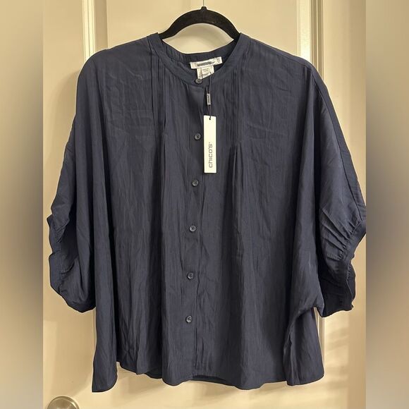 Chico’s Pintuck Dolman Sleeve Shirt Size 2.5 US 14 Cap Sleeve Neck Button Navy - Picture 4 of 10